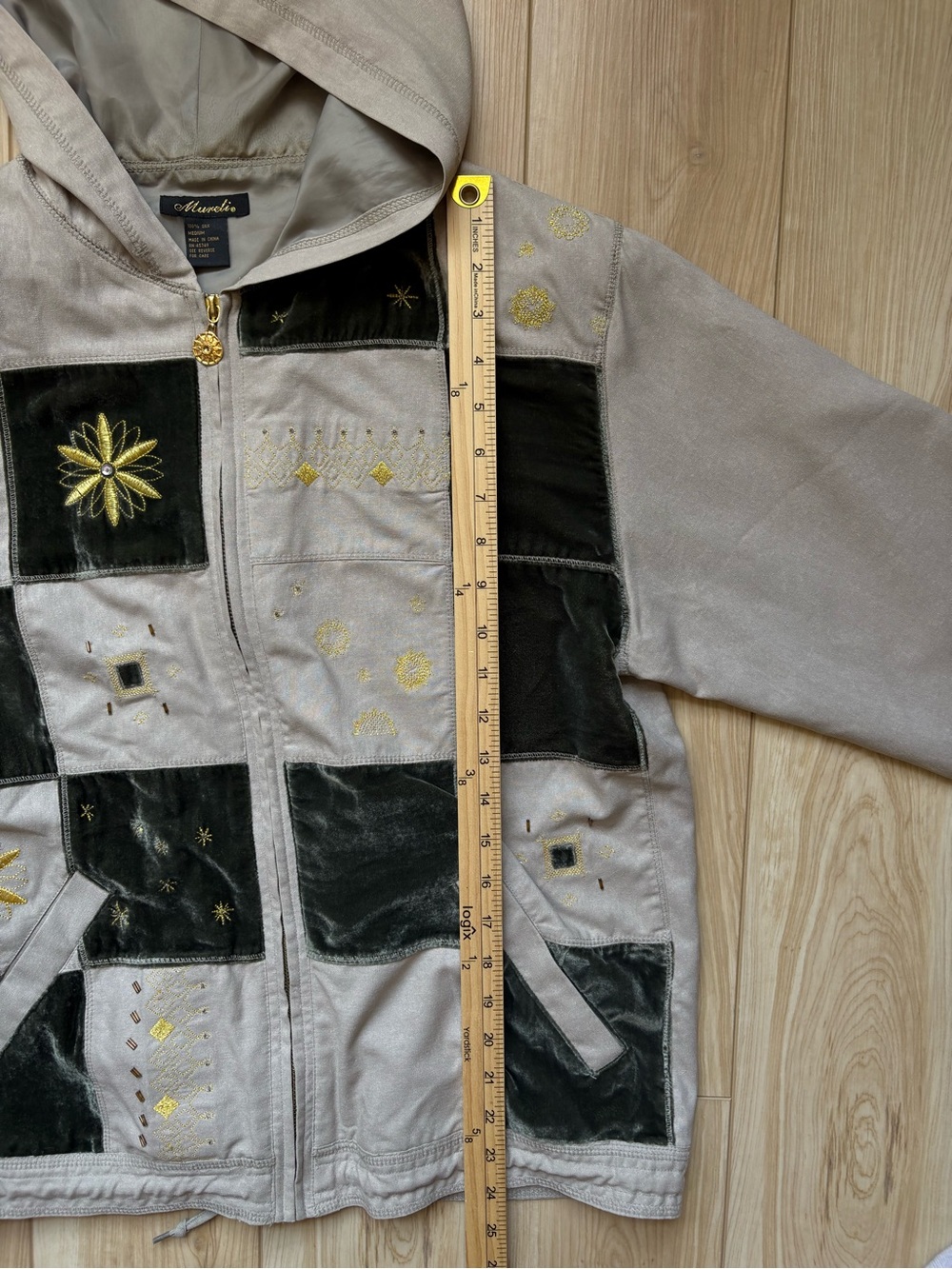 Vintage Celestial Boho Silk Patchwork Hooded Bomber Jacket - Picture 6 of 7